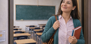 Profesora saliendo de una sala de clases con expresión reflexiva.
