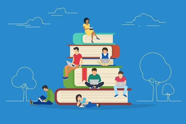 Ilustración de personas leyendo sobre libros gigantes.