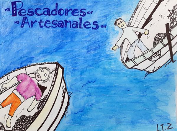 Ilustración de pescadores artesanales en sus botes.