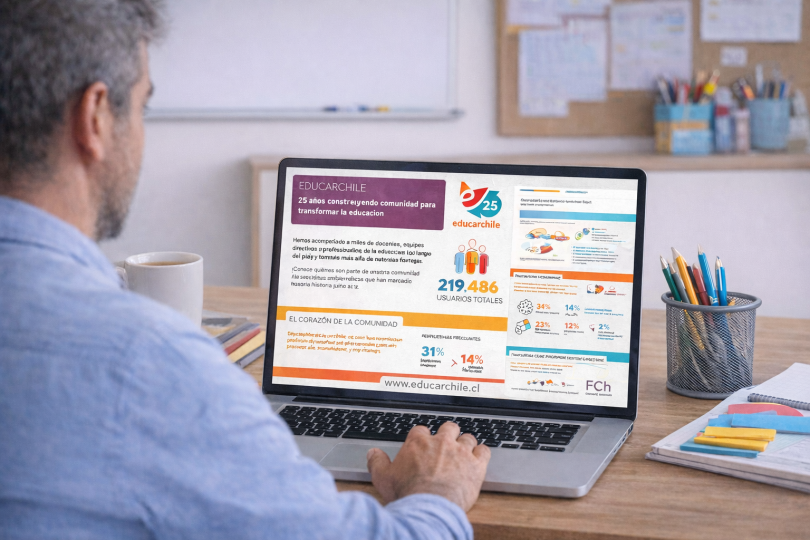 Docente observabdo una infografía de Educarchile en su computador