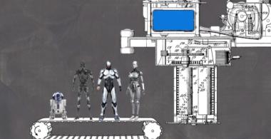 Ilustración de robots famosos como Robocop y R2-D2 y maquinaria.