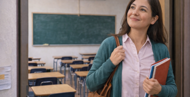 Profesora saliendo de una sala de clases con expresión reflexiva.