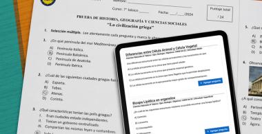 Imagen de evaluación impresa en papel y pantalla de tablet con herramienta digital desplegada.igital